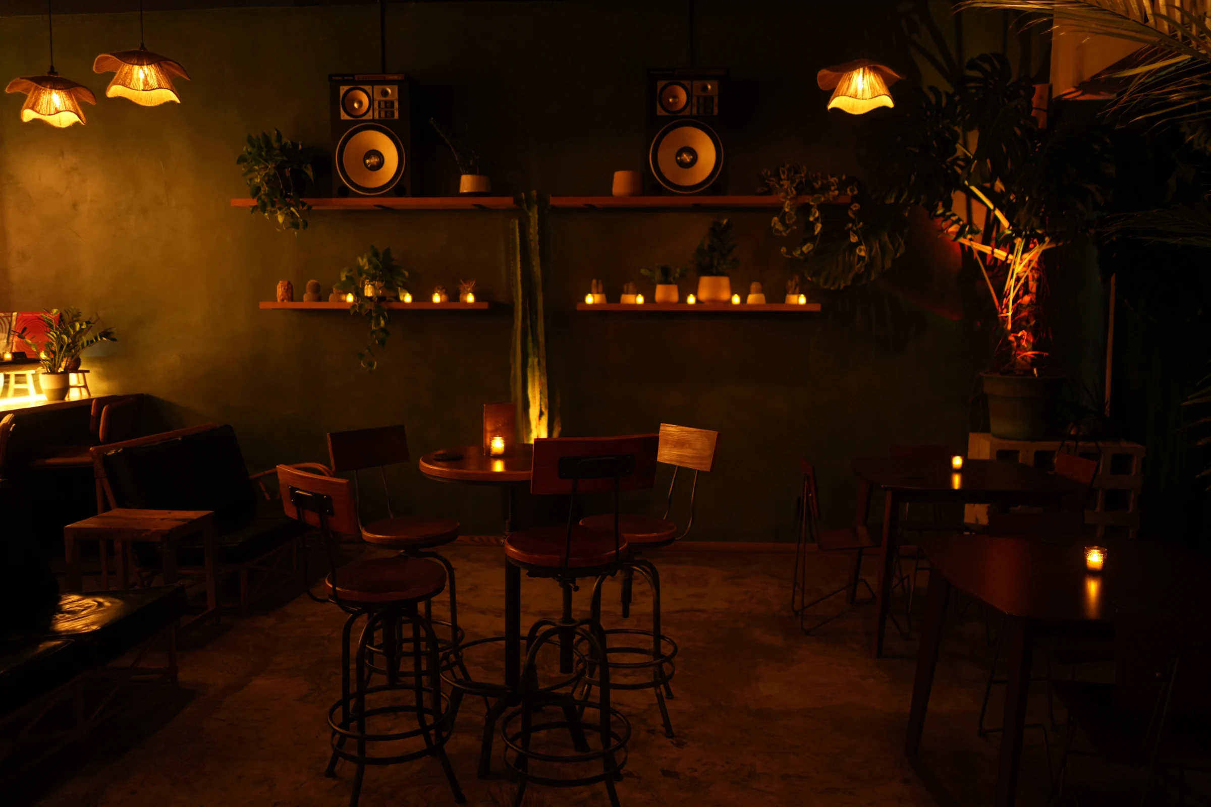 The seating and warm lamps inside The Felix